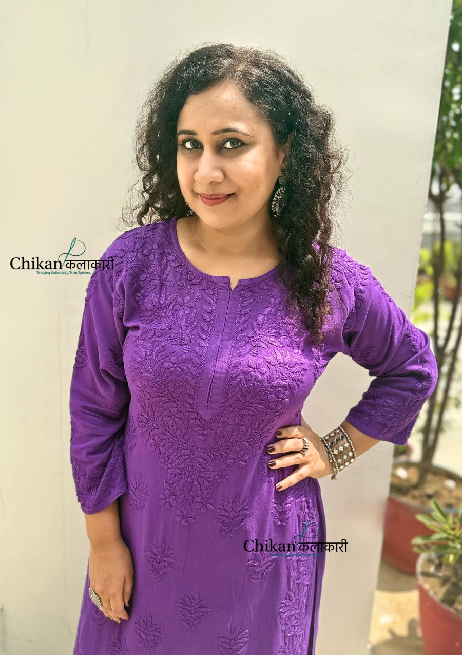 Ahaana Rayon Chikankari Kurti Set - Purple
