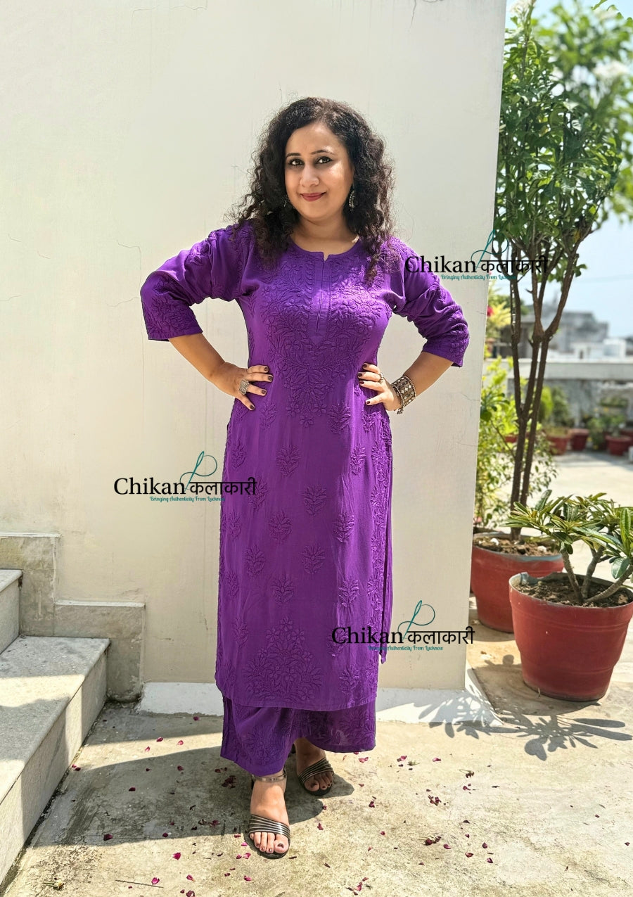 Ahaana Rayon Chikankari Kurti Set - Purple