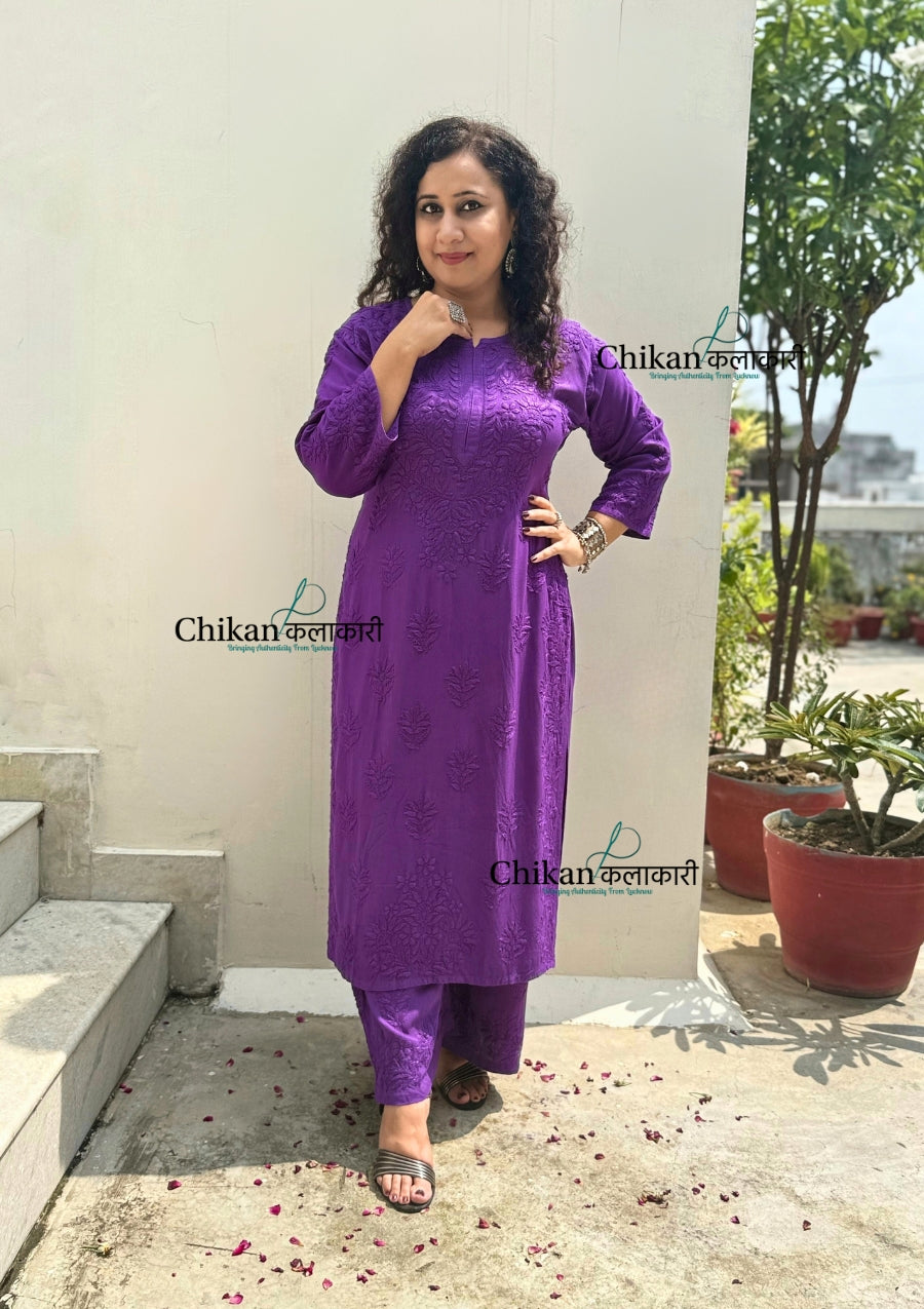 Ahaana Rayon Chikankari Kurti Set - Purple