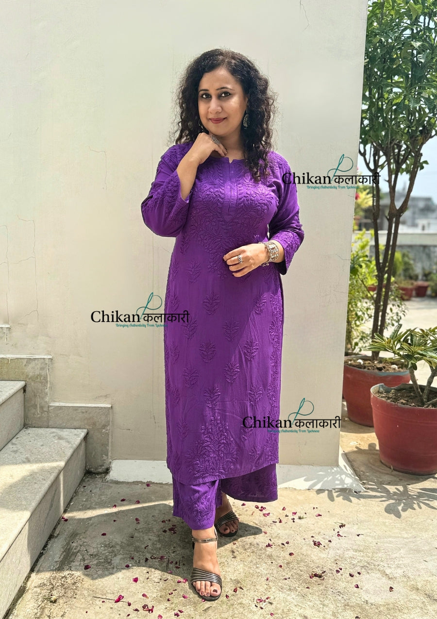 Ahaana Rayon Chikankari Kurti Set - Purple
