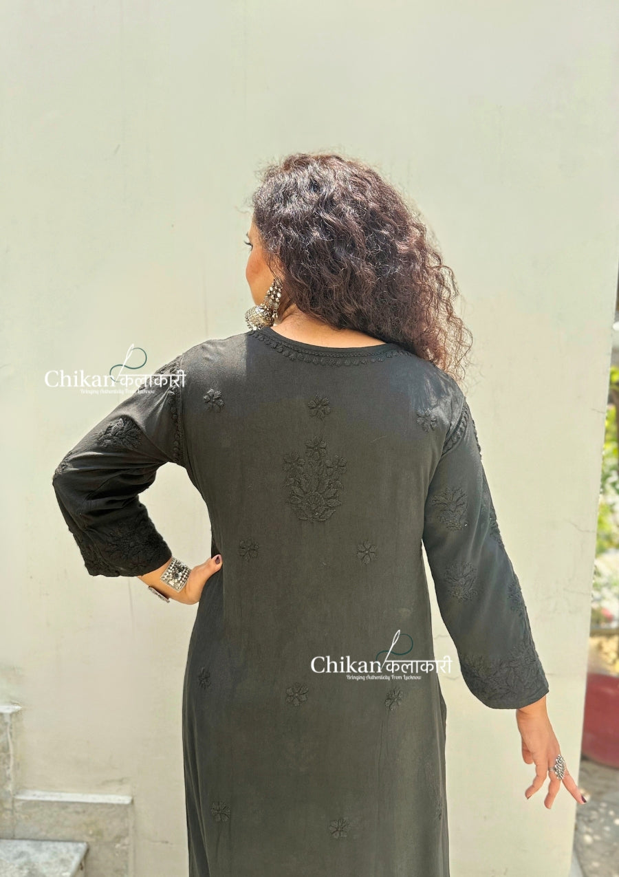 Ahaana Rayon Chikankari Kurti Set - Black