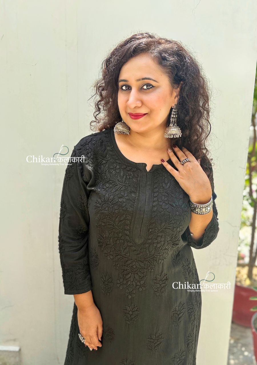 Ahaana Rayon Chikankari Kurti Set - Black