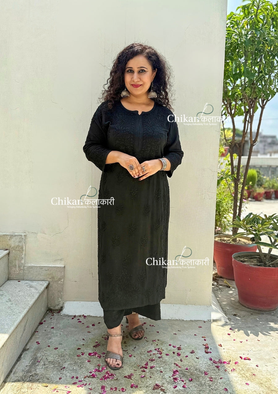 Ahaana Rayon Chikankari Kurti Set - Black