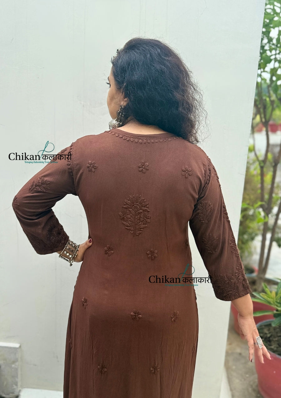 Ahaana Rayon Chikankari Kurti Set - Brown