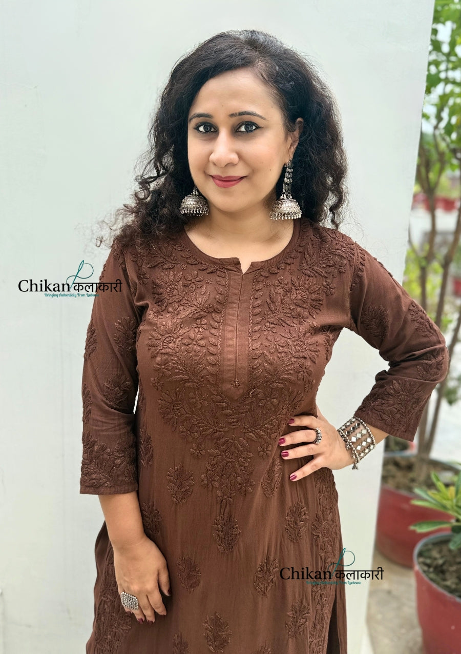 Ahaana Rayon Chikankari Kurti Set - Brown