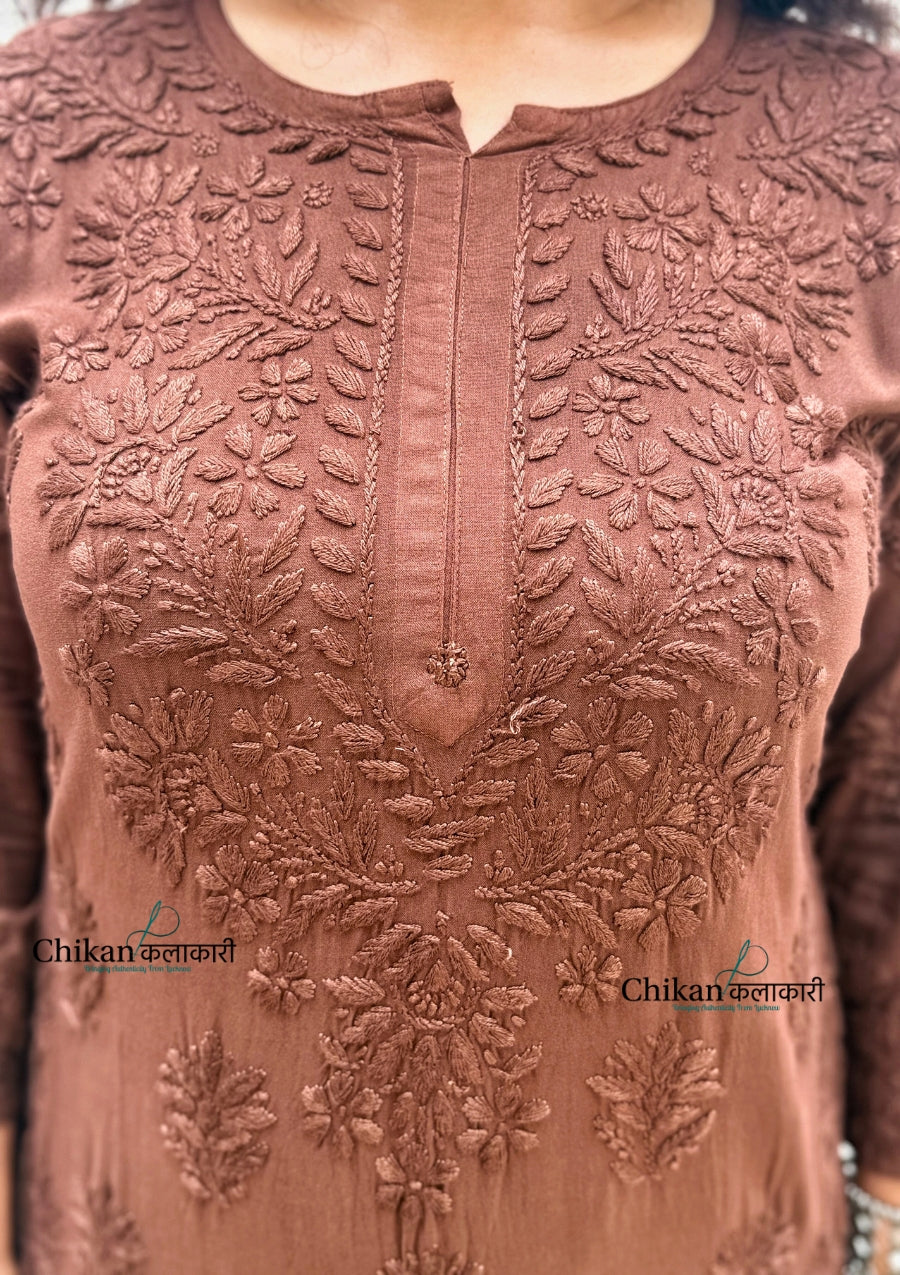 Ahaana Rayon Chikankari Kurti Set - Brown