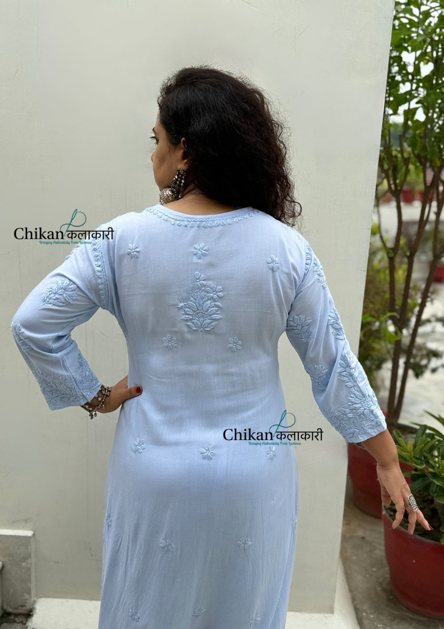 Ahaana Rayon Chikankari Kurti Set - Powder Blue