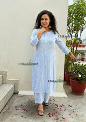 Ahaana Rayon Chikankari Kurti Set - Powder Blue