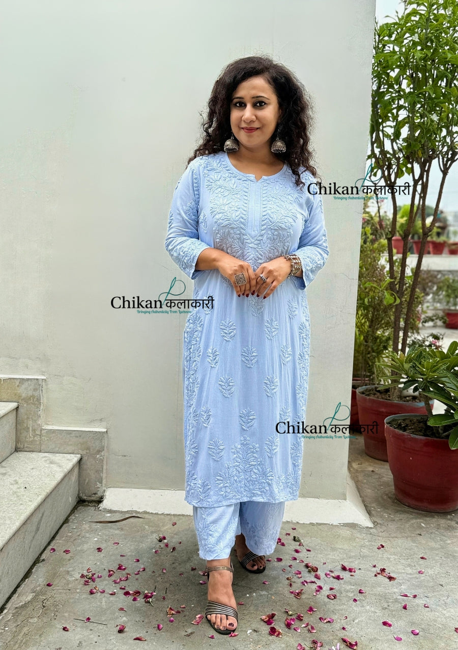 Ahaana Rayon Chikankari Kurti Set - Powder Blue