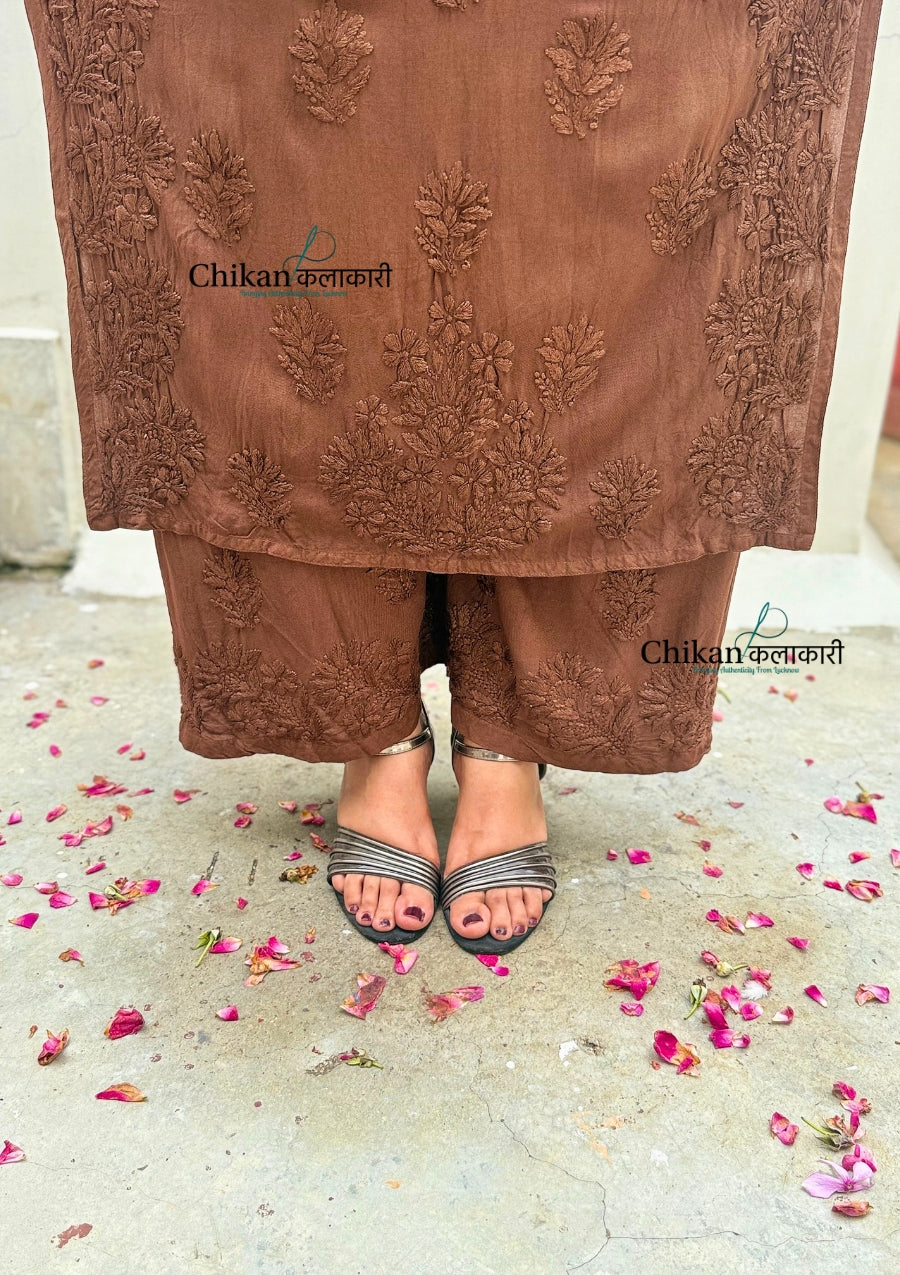 Ahaana Rayon Chikankari Kurti Set - Brown