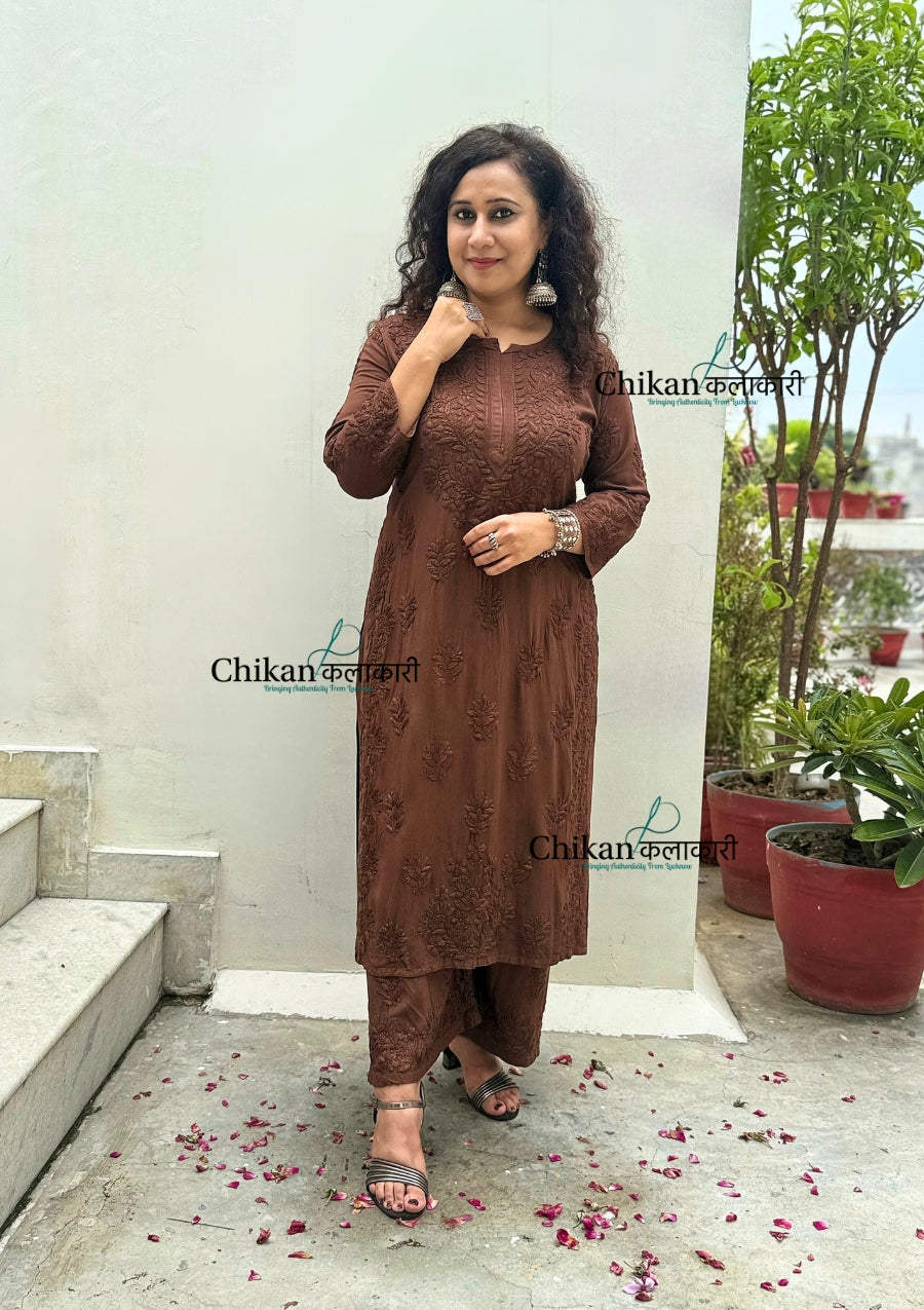 Ahaana Rayon Chikankari Kurti Set - Brown