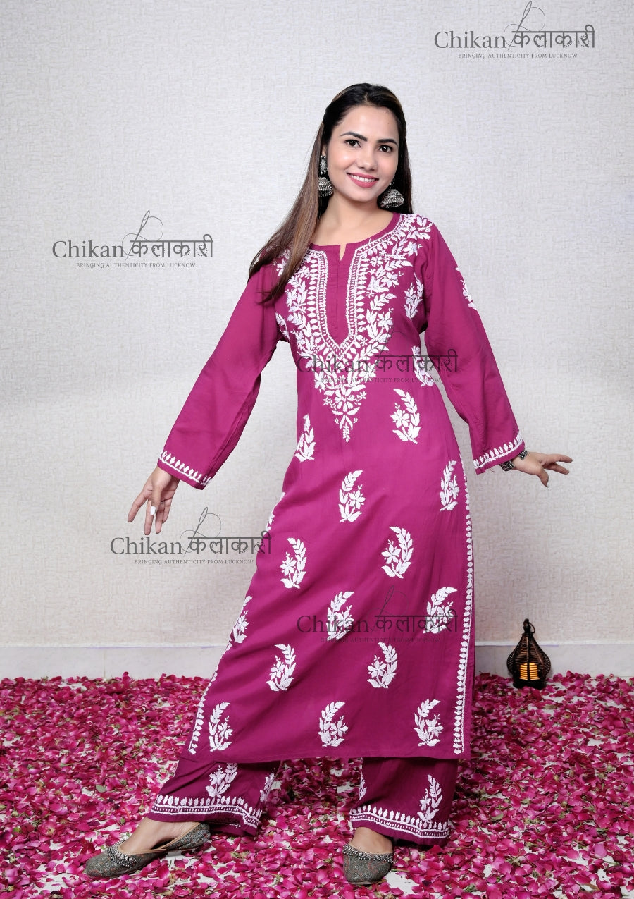 Aisha Modal Magenta chikankari kurta | lucknow chikan kurti | lakhnavi kurta | chicken curry kurti | house of chikankari