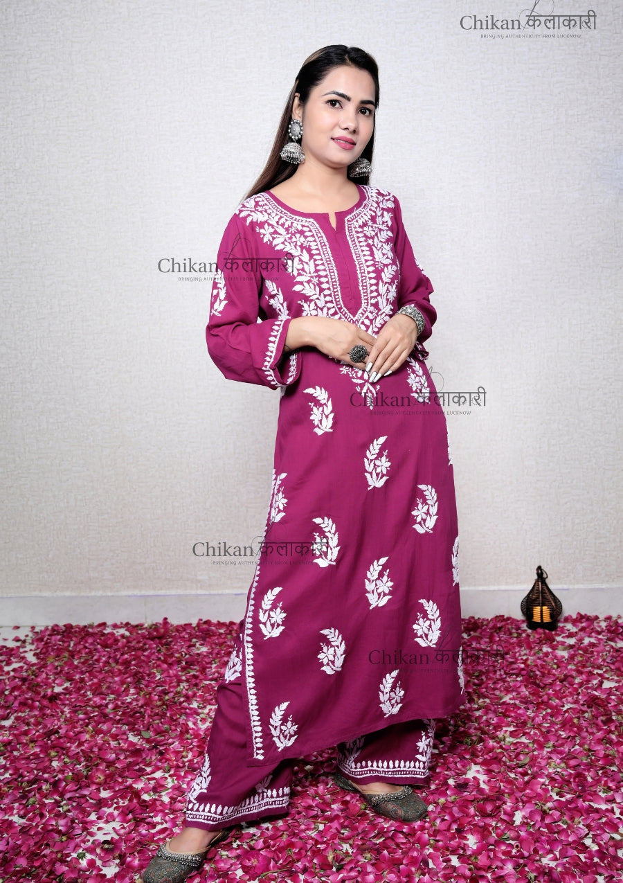 Aisha Modal Magenta chikankari kurti | lucknow chikan kurta | lakhnavi kurti | chicken curry kurta | lucknowi chikan kurta