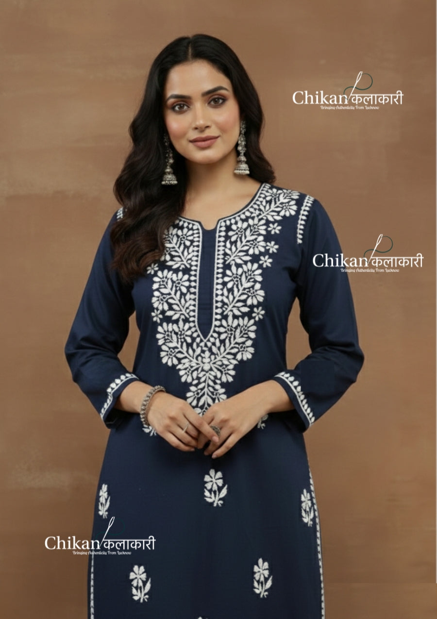 Aiza Cotton Chikankari Kurti - Blue