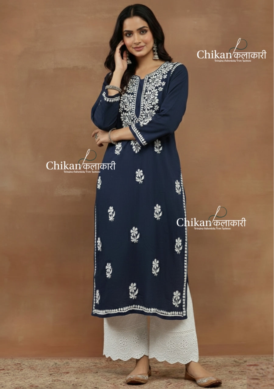 Aiza Cotton Chikankari Kurti - Blue
