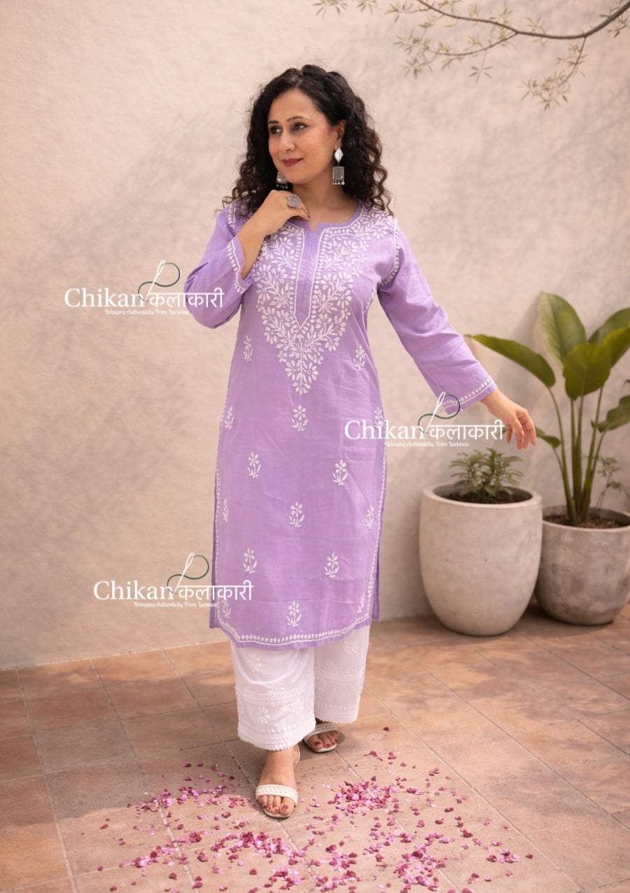 Aiza Cotton Chikankari Kurti - Light Purple