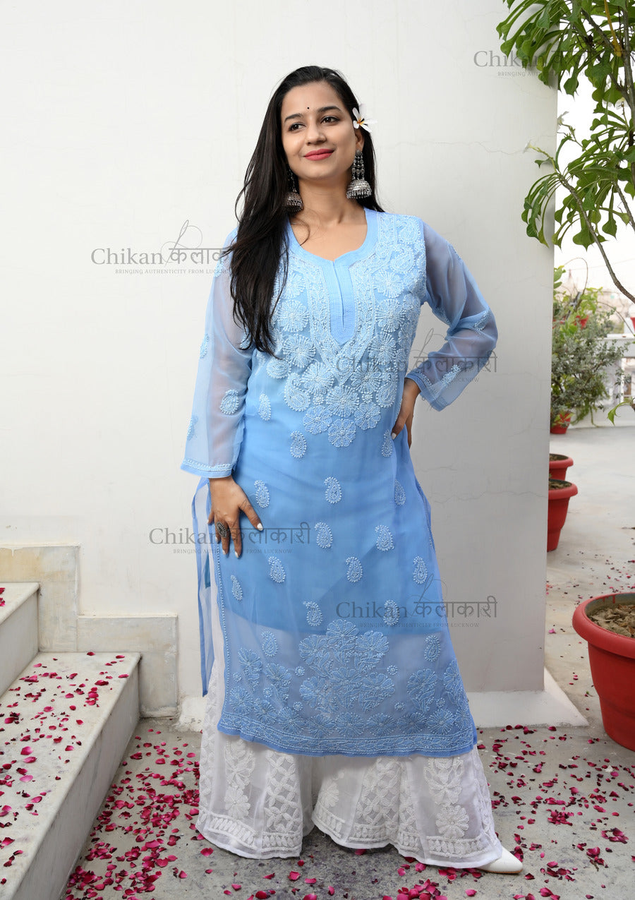 Akshara Georgette Chikankari Kurti | chikan curry kurti | lakhnavi kurti | lucknowi chikan kurta | lakhnavi kurta