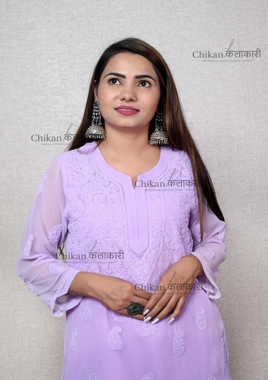 Akshara Georgette Chikan Kurti | chikan curry kurta | lakhnavi kurti | lucknowi chikankari kurta | house of chikankari