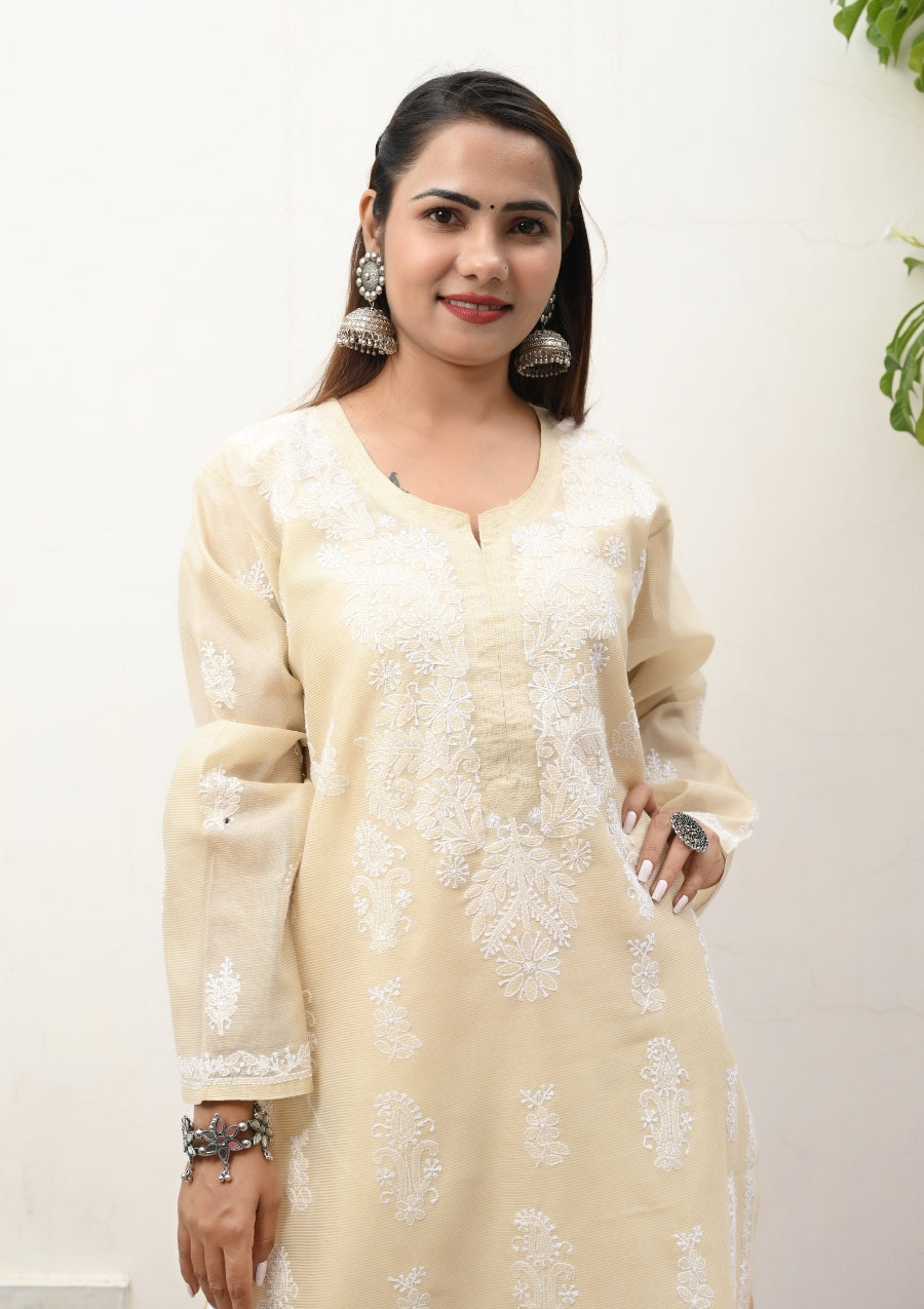 Alina Chikankari Premium Chanderi Kurti | lakhnavi kurta | lakhnavi kurti | chicken curry kurta | lucknow chikan kurti