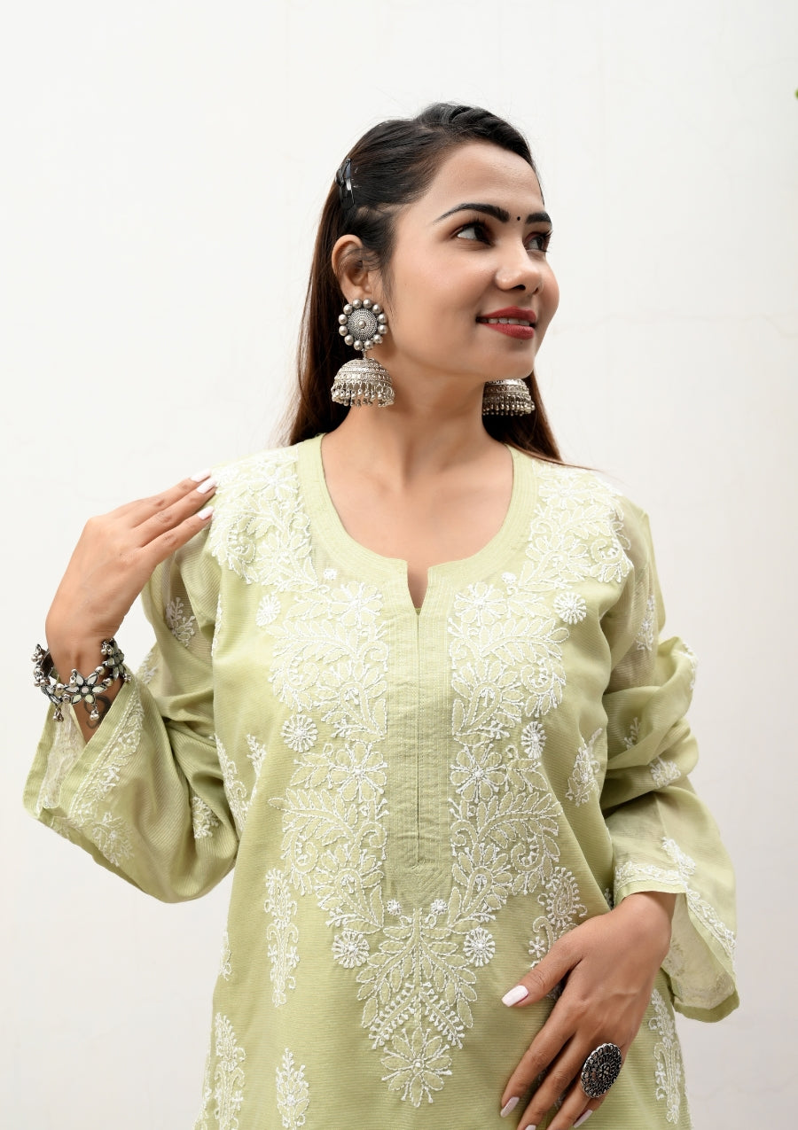 Alina Chikankari Premium Chanderi Kurti | lakhnavi kurta | house of chikankari | chicken curry kurta | lucknowi chikan kurti