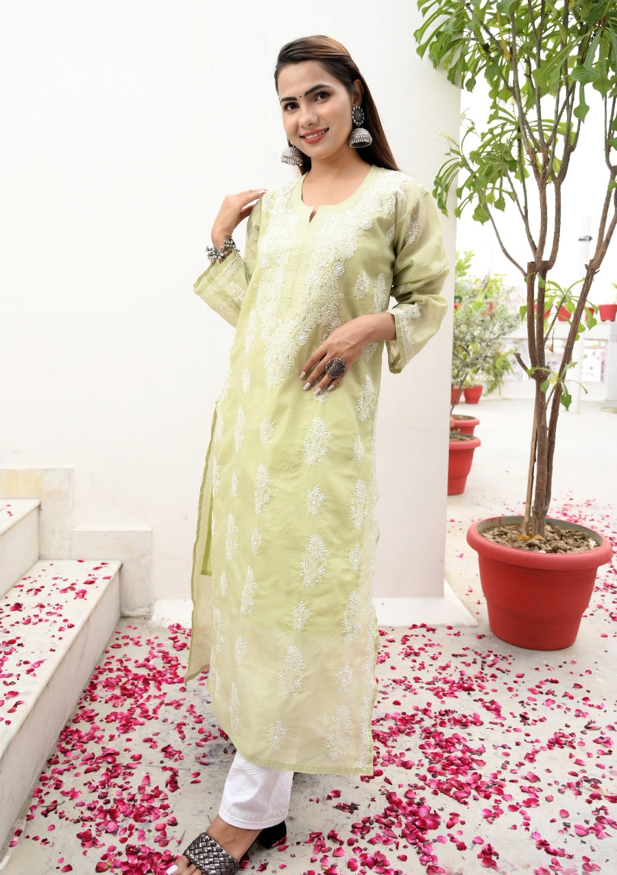 Alina Chikankari Premium Chanderi Kurta | lakhnavi kurti | lucknow chikan kurti | chicken curry kurta | lucknowi chikan kurti