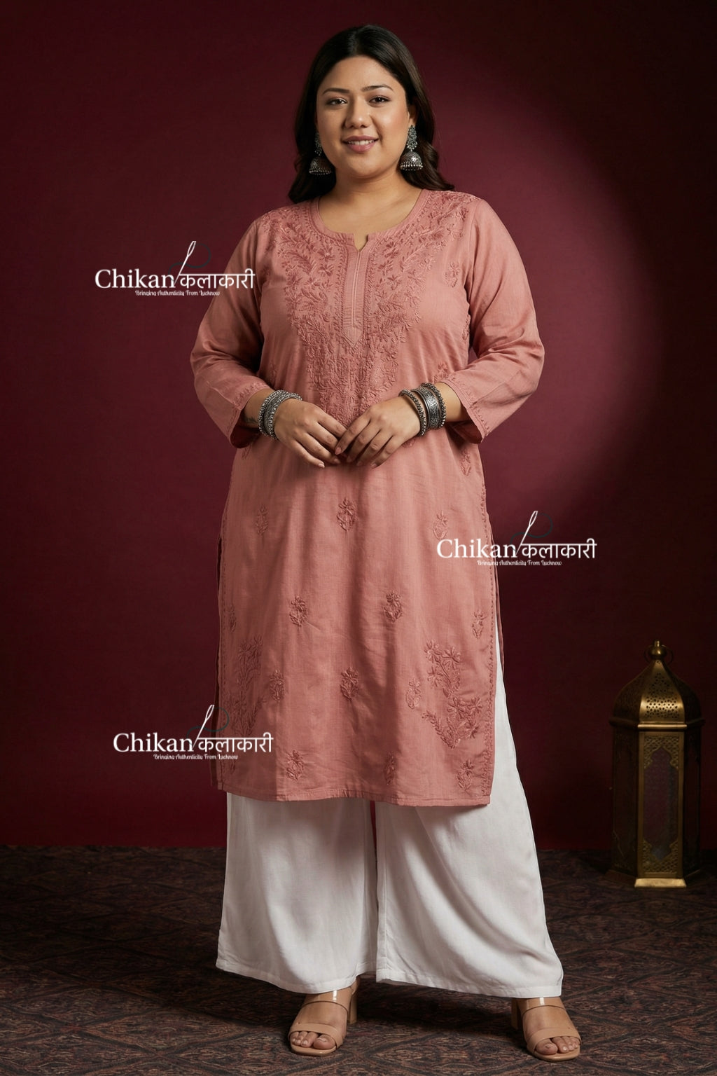 Alisha Brown Cotton Chikankari Kurti - Plus Size