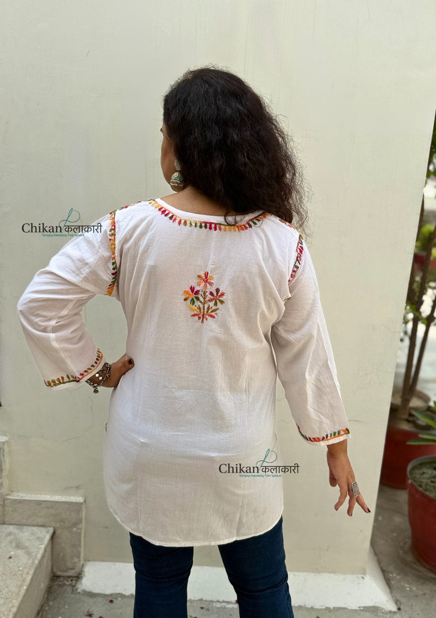 Amara Cotton White multi Short Chikankari Kurti