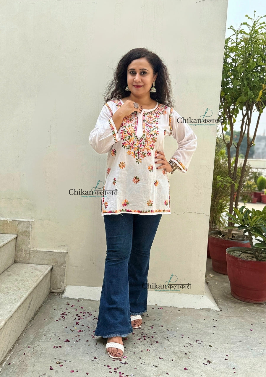 Amara Cotton White multi Short Chikankari Kurti