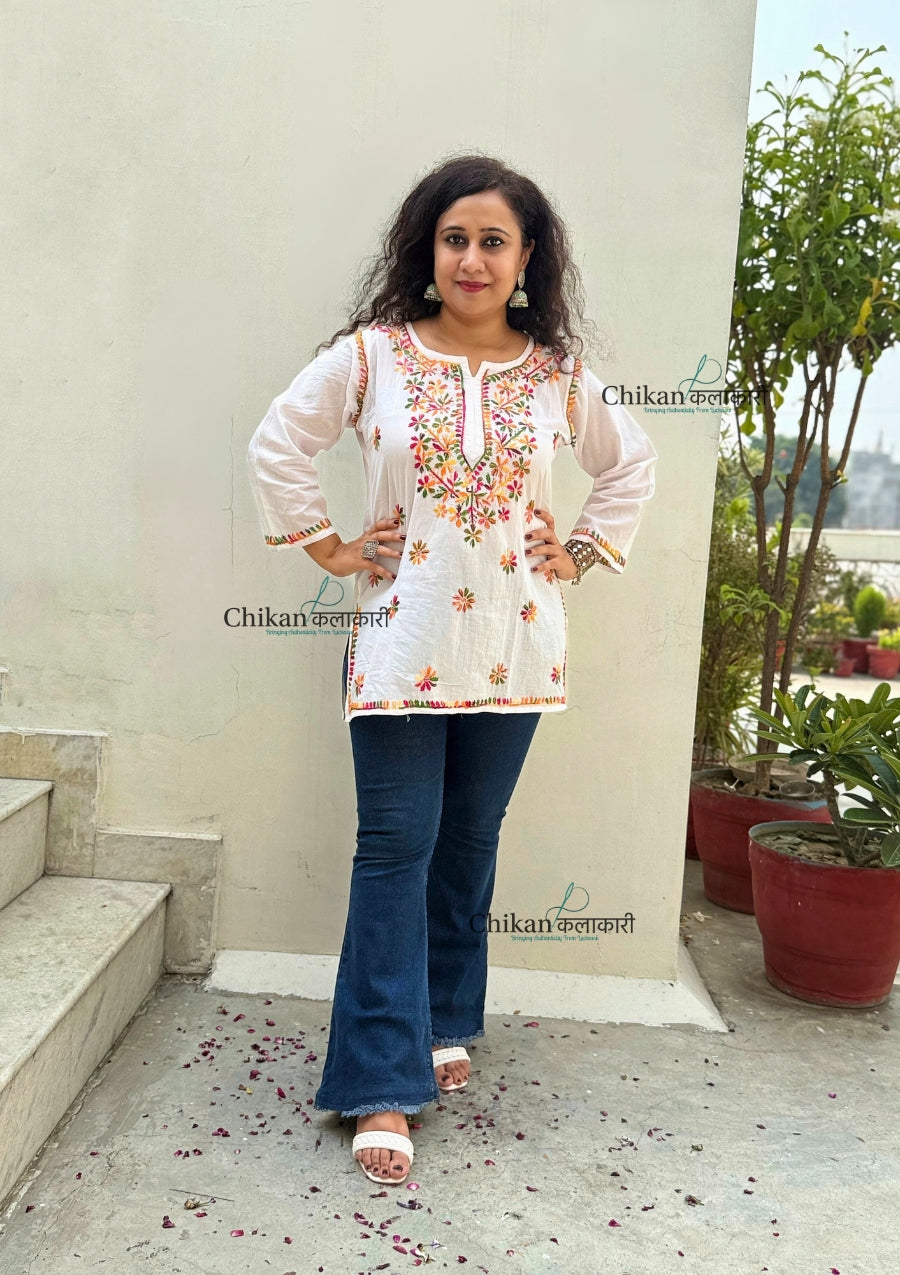Amara Cotton White multi Short Chikankari Kurti