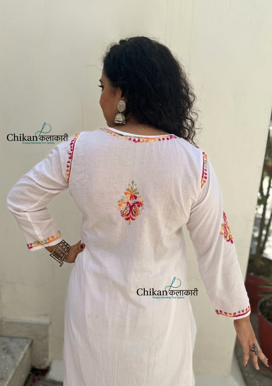 Ameena Cotton White Multi Chikankari Kurti