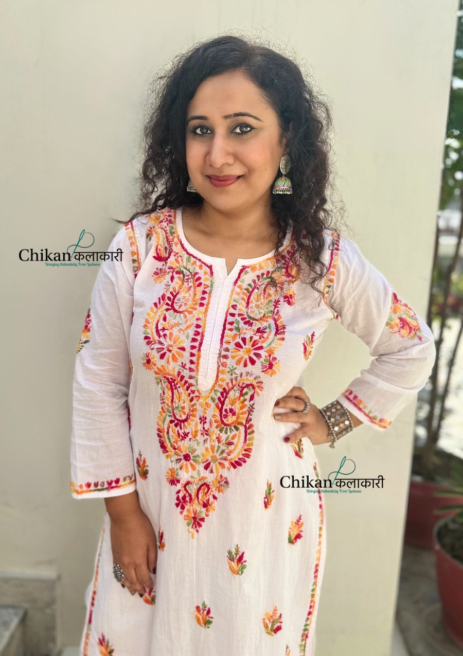 Ameena Cotton White Multi Chikankari Kurti
