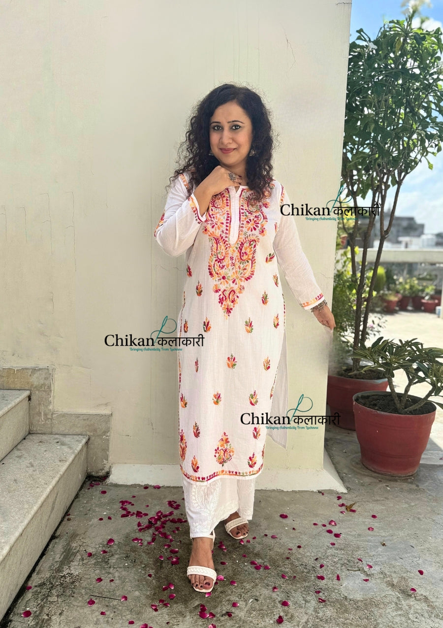 Ameena Cotton White Multi Chikankari Kurti