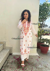 Ameena Cotton White Multi Chikankari Kurti