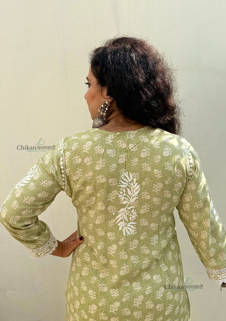 Amira Printed Rayon Chikankari Kurti Set - Green