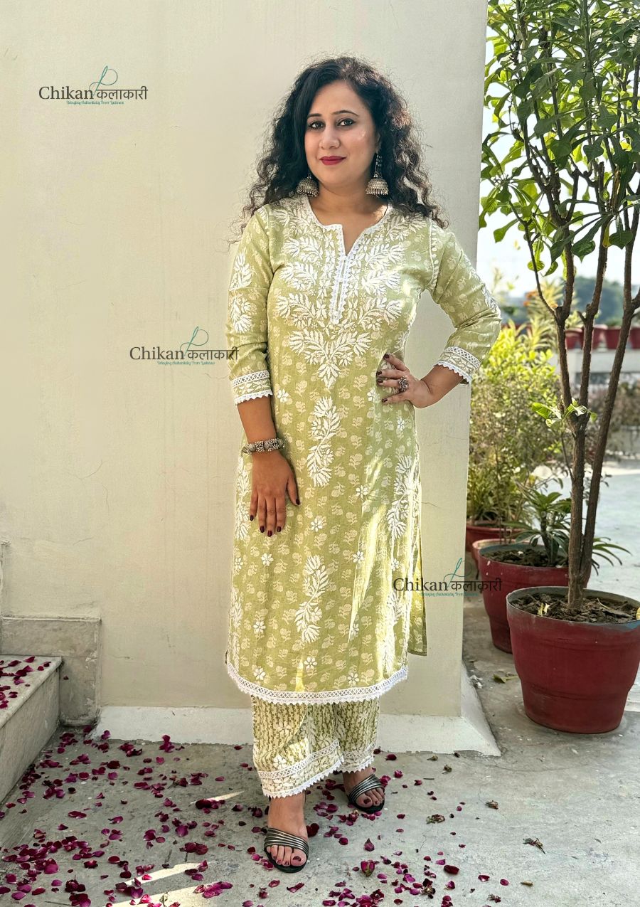 Amira Printed Rayon Chikankari Kurti Set - Green