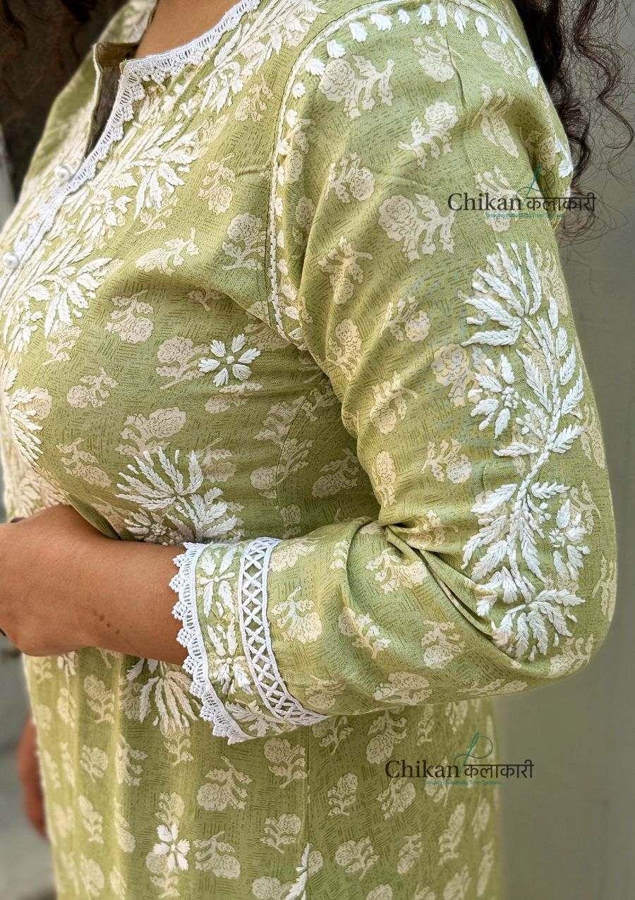 Amira Printed Rayon Chikankari Kurti Set - Green