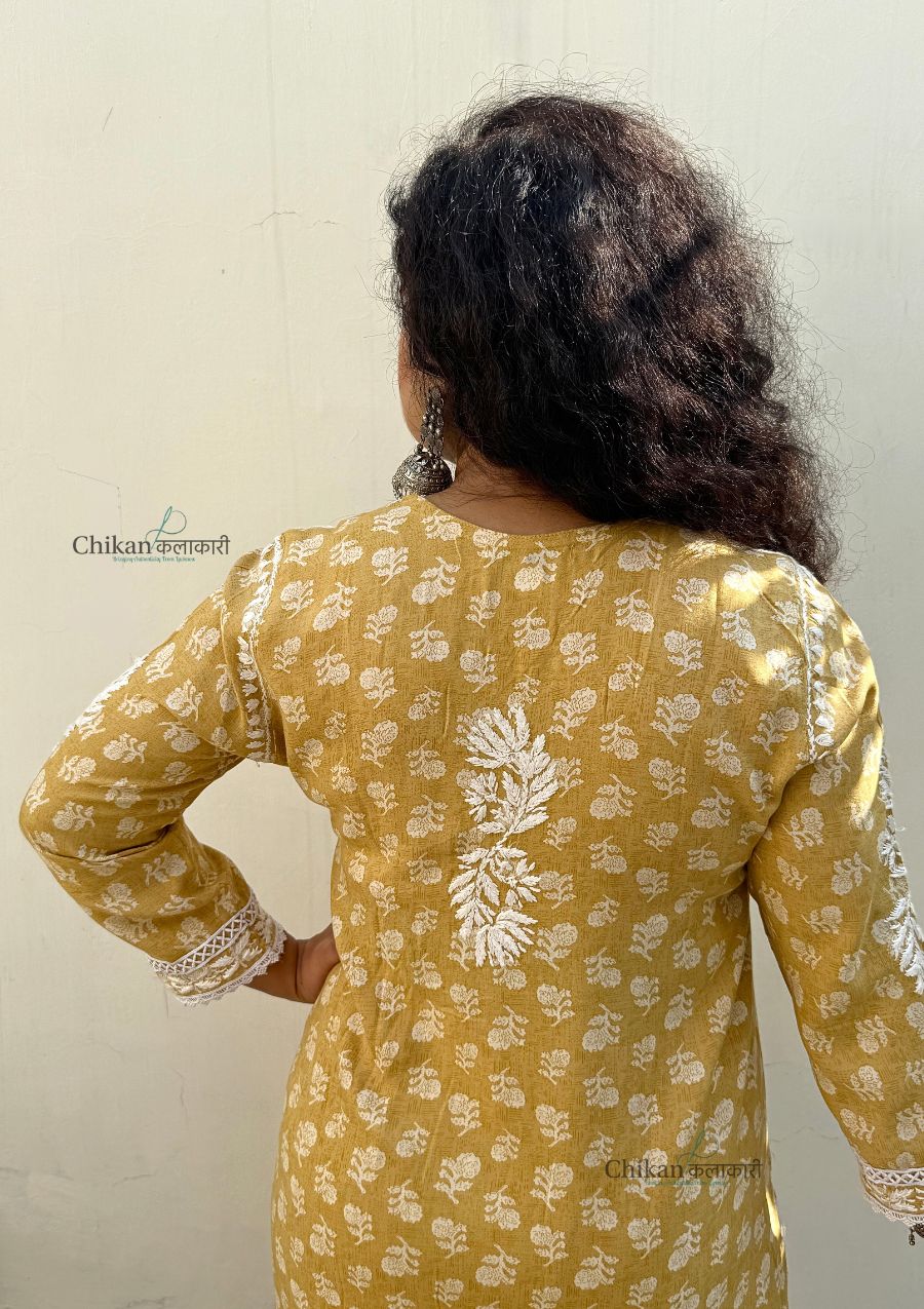 Amira Printed Rayon Chikankari Kurti Set - Mustard