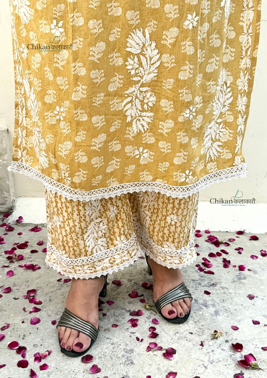 Amira Printed Rayon Chikankari Kurti Set - Mustard