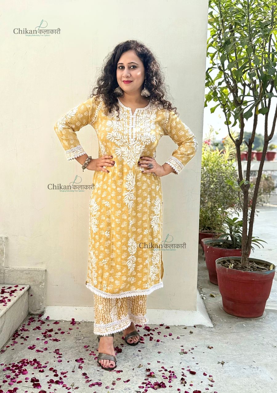 Amira Printed Rayon Chikankari Kurti Set - Mustard