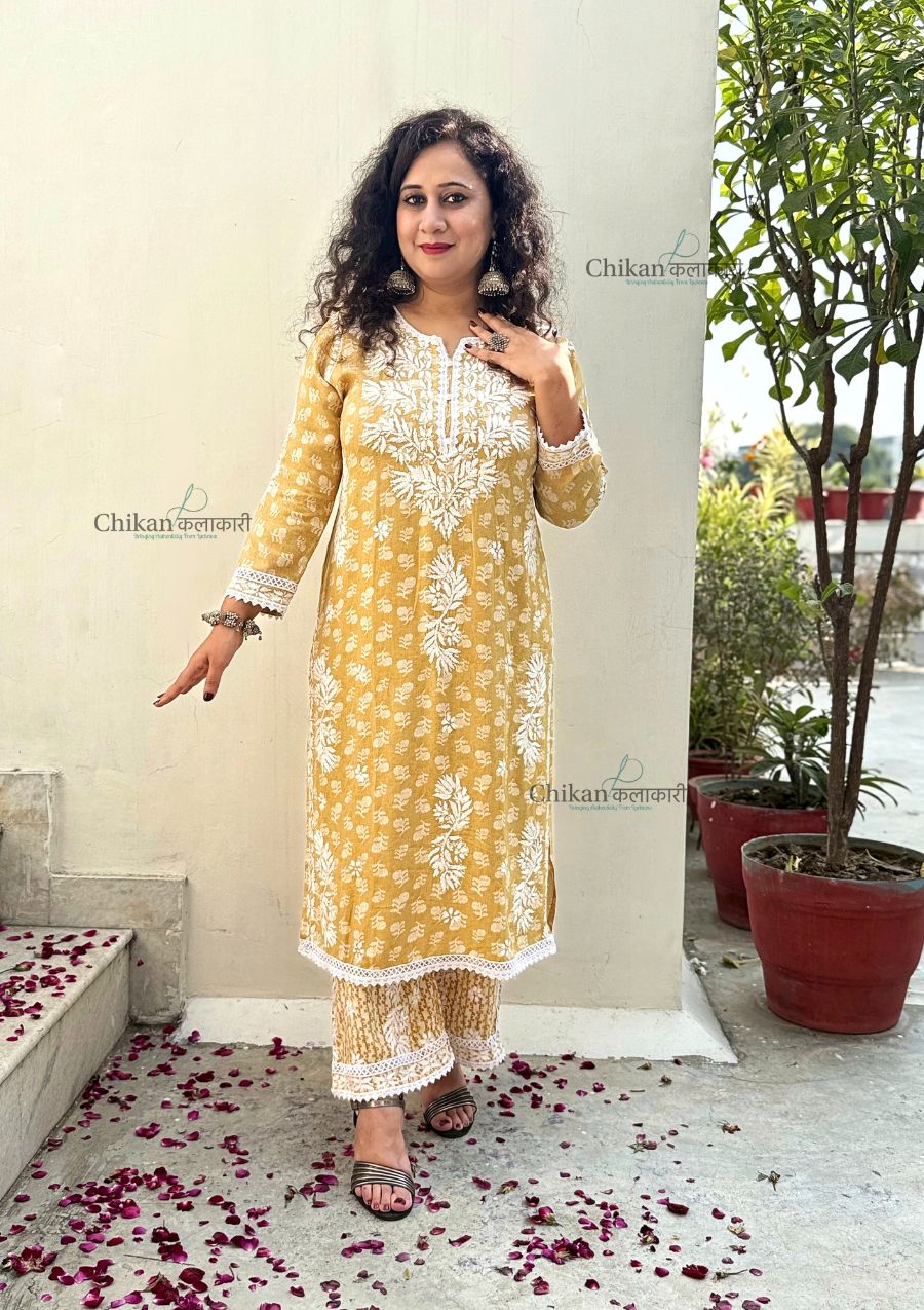 Amira Printed Rayon Chikankari Kurti Set - Mustard