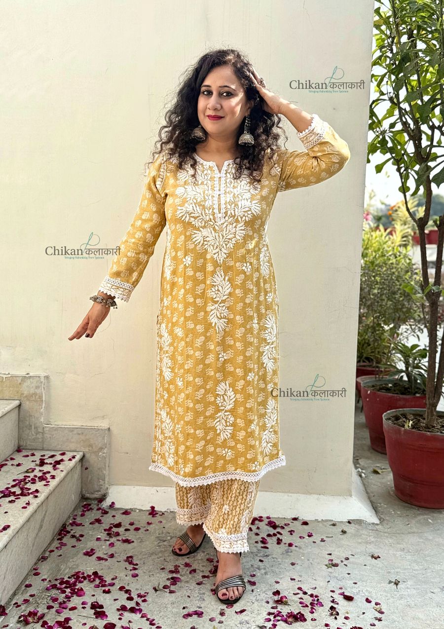 Amira Printed Rayon Chikankari Kurti Set - Mustard