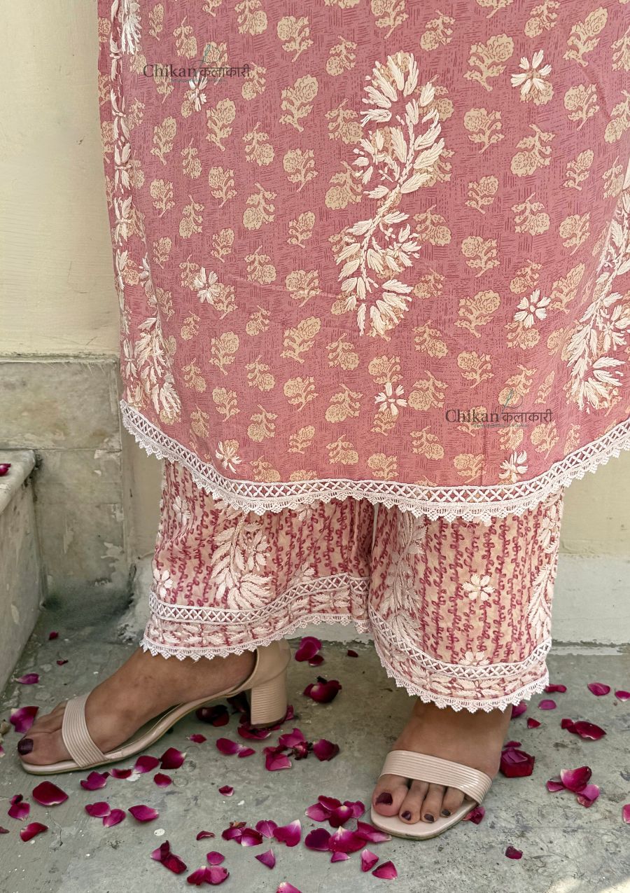 Amira Printed Rayon Chikankari Kurti Set - Pink