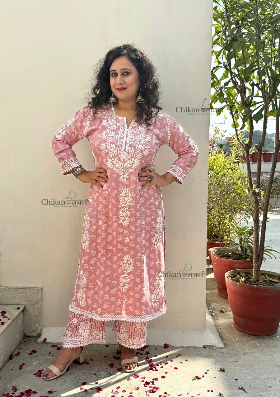 Amira Printed Rayon Chikankari Kurti Set - Pink