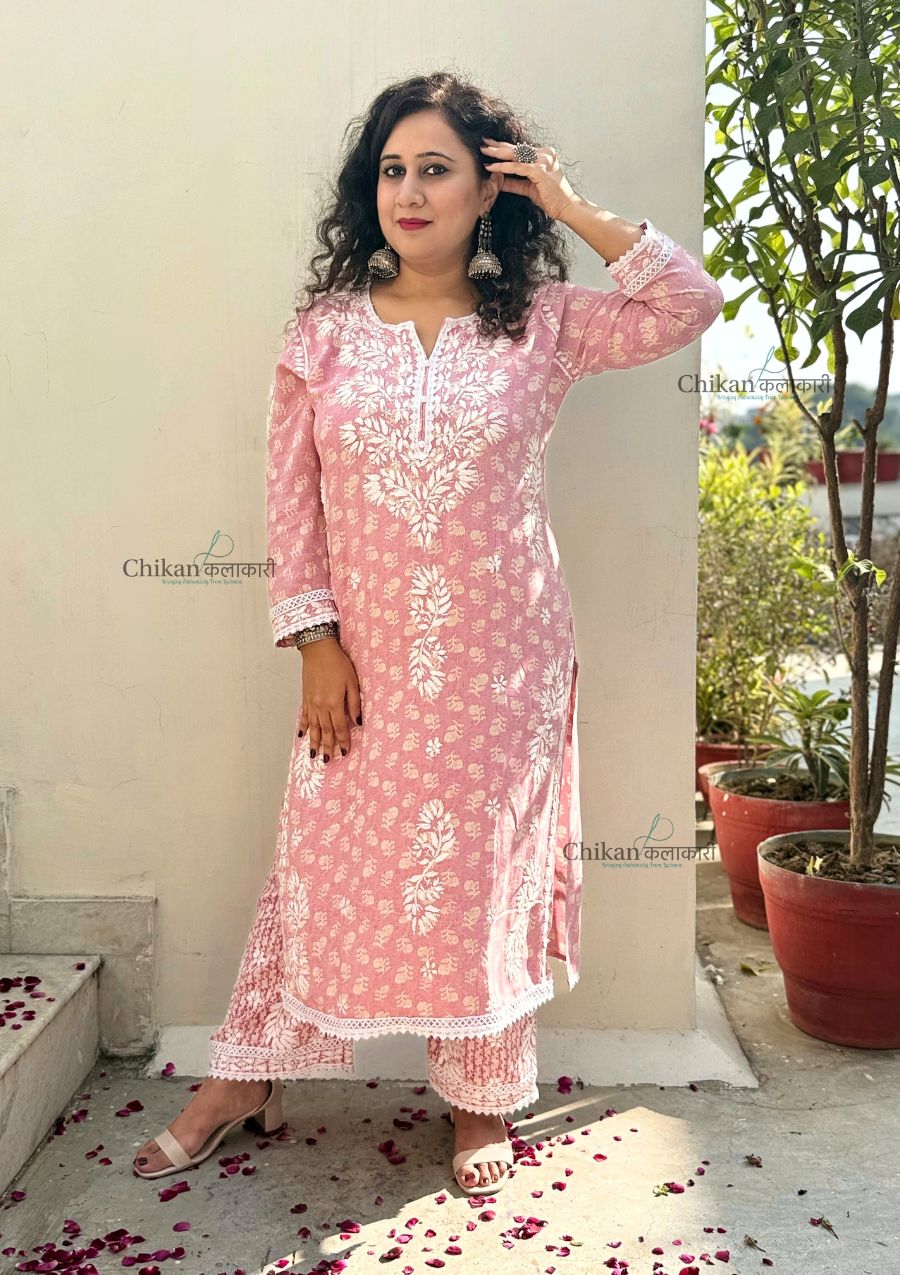 Amira Printed Rayon Chikankari Kurti Set - Pink