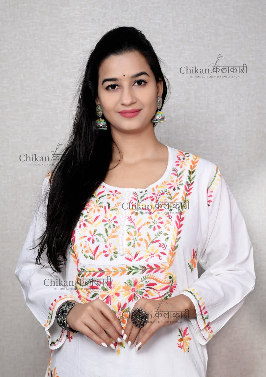 Ananya Cotton White Lucknow Chikan Kurti | house of chikankari | lakhnavi kurti | chicken curry kurta | lucknowi chikan kurti