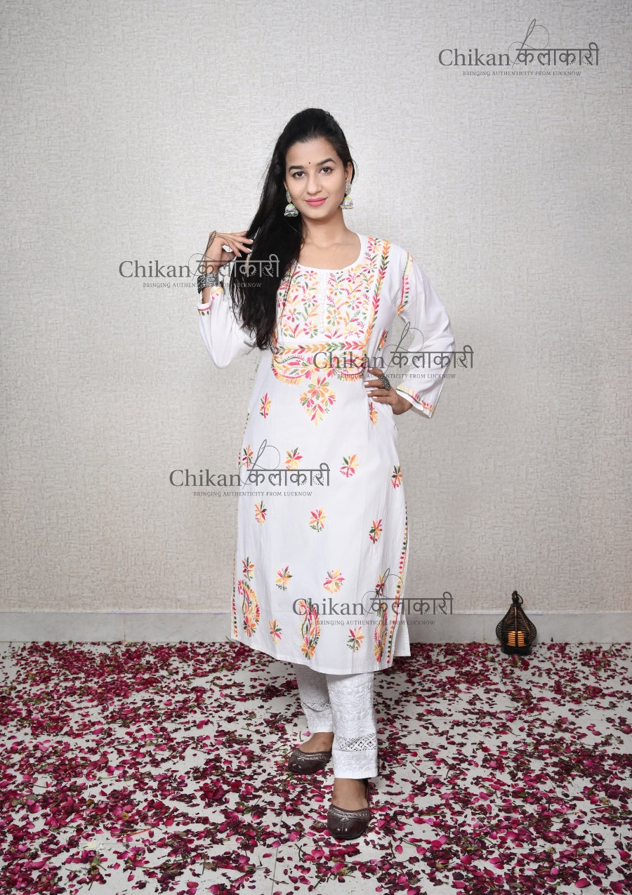 Ananya Cotton White Chikankari Kurti | lucknow chikan kurti | lakhnavi kurta | chicken curry kurti | white chikan kurti