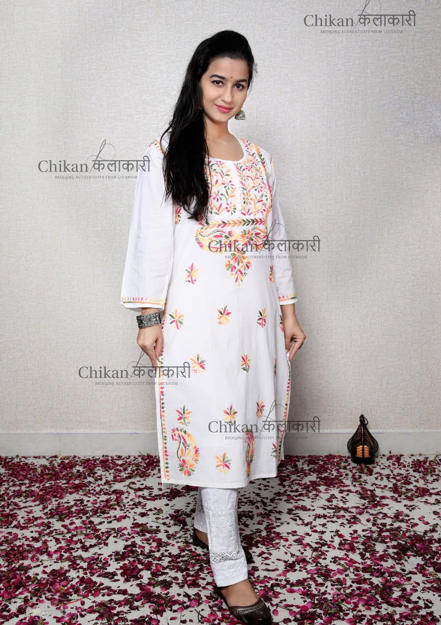 Ananya White Cotton Lucknowi Chikankari Kurta | house of chikankari | lakhnavi kurta | chicken curry kurta