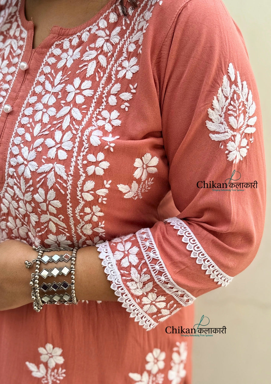 Arzoo Rayon Chikankari Kurti Set - Peach