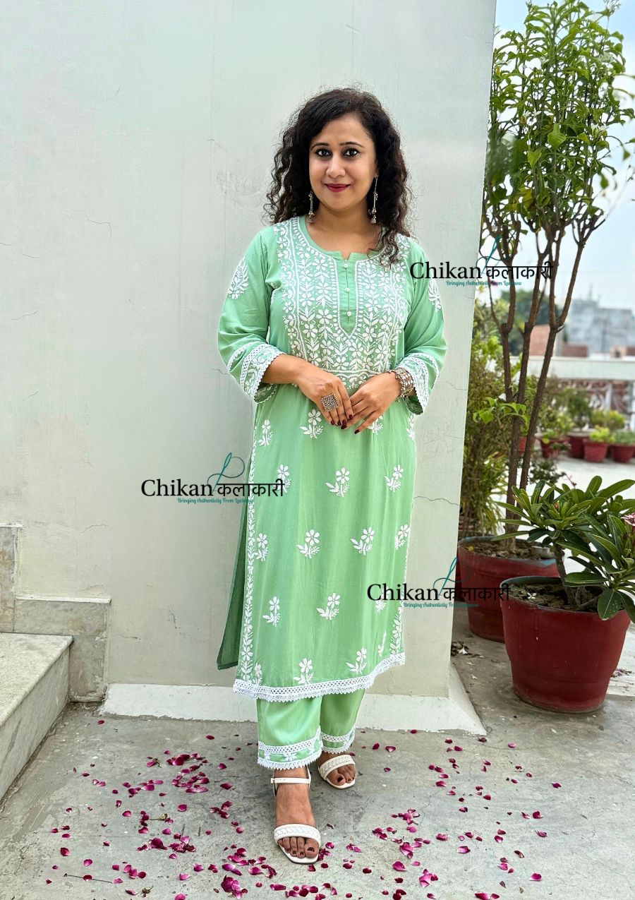 Arzoo Rayon Chikankari Kurti Set - Green