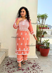 Ayat Rayon Chikankari Kurti Set - Peach